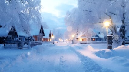 Wall Mural - Animation of snow and lamp lights in a quiet winter village. 18 seconds, loop video, 2k. Ai generative