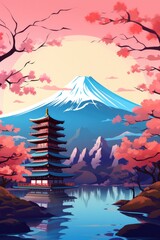 Wall Mural - Illustration japan temple or asian pagoda and fuji mountains in the backround. Generative ai