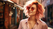 Non binary smiling confident soft girl from Gen Z generation wearing bright casual suit and sunglasses, Peach Fuzz coloured hair, thinking of mental health walking on the cozy medieval alley