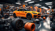 Orange sports car in the auto repair shop. 3D rendering.
