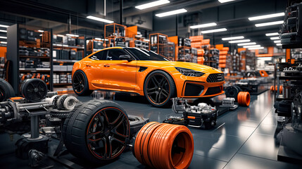 Orange sports car in the auto repair shop. 3D rendering.
