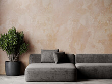 Peach Fuzz Interior Room Trend Color Year 2024. Texture Mockup Wall For Art - Microcement Pastel Apricot Beige Tan Colour Plaster. Modern Room Design Living Lounge. Accent Cozy Gray Sofa. 3d Render 