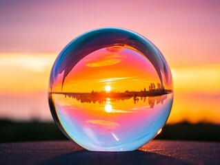 Wall Mural - rainbow bright colored crystal ball bubble with colorful sky background, light amber and aquamarine