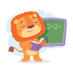 Sticker - Funny Lion Character at Chalkboard Have School Lesson Vector Illustration