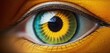  a close up of a person's eye with a green and yellow iris in the center of the iris.