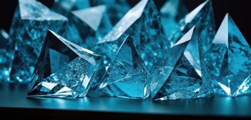  a group of blue diamonds sitting next to each other on a black surface in front of a black back ground.