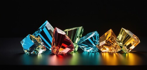 Poster -  a group of different colored diamonds sitting on top of a black surface in front of a black backround.