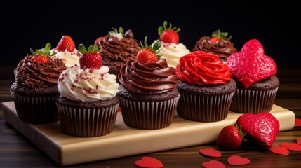 Wall Mural - An array of Valentine's Day themed cupcakes with red velvet, chocolate, and strawberry flavors, decorated with heart-shaped toppings