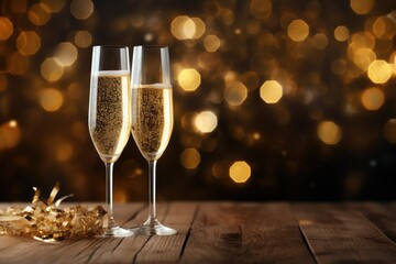 Wall Mural - Golden champagne flutes on New Year with fireworks and dreamlike lights