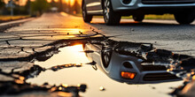 Close-up Of A Damaged Asphalt Road With A Large Pothole Filled With Water, Reflecting Sunlight Near The Wheel Of A Car, Highlighting Infrastructure Issues