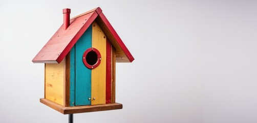 Canvas Print -  a multicolored birdhouse with a red roof and a round hole in the top of the birdhouse.