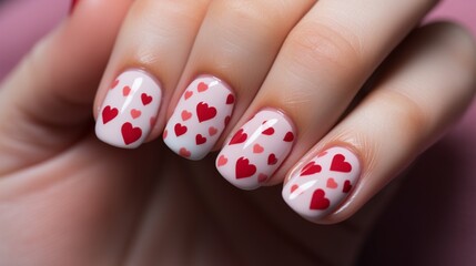 a close-up of a valentine's day themed manicure with heart patterns and pink and red nail polish