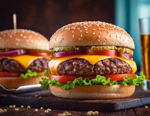 Sticker - Appetizing hamburger with vegetables and meat and on black background