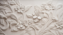 Decorative Plaster Boho Panel For A Vintage Style Wall Finish. Wall Fragment With Exquisite Ornament Relief, Abstract Floral Coating, Close-up, Art Deco Flourishes.