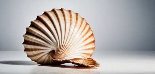 Wall Mural -  a close up of a seashell on a white surface with a reflection of the back of the shell in the background.