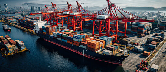 background, logistic, shipping, transportation, cargo, trade, transport, export, import, commerce. the most global shipping operations ship boat cargo container and crane on ocean background.