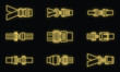 Car seatbelt icons set. Outline set of car seatbelt vector icons neon color on black