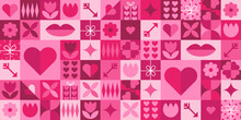 Geometric Valentine's Day Seamless Pattern With Simple Shapes. Romantic Vector Background. Love And Hearts. Modern Abstract Concept For Print, Banner, Fabric, Card, Wrapping Paper, Cover.