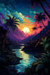 Neon Tropica  silhouette of mountains, trees and birds Sunset Poster and Wallpaper - Generative AI Illustration
