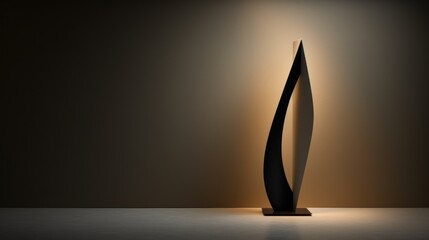 Poster -  a tall black sculpture sitting on top of a white floor next to a light that is on top of a black table next to a black wall and white floor.