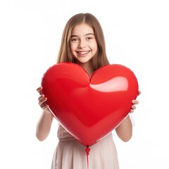 Lovely child teen girl with shape heart balloon, love holiday and valentine symbol. Valentine or birthday day. Gift heart present. Portrait of smiling teenage child girl with heart isolated on white