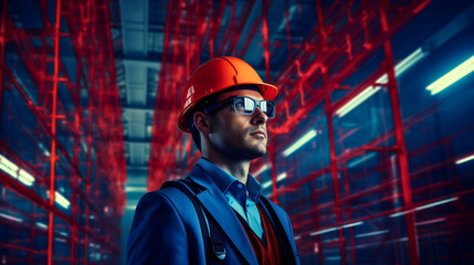 Wall Mural - Construction worker or engineer, wearing an elegant suit, helmet and glasses, standing inside an unfinished house under construction zone. Home infrastructure, architectural workplace