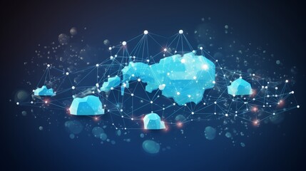 cloud data transfer: futuristic technology with central cloud icon, internal connections, and global network on abstract world map polygon in dark blue - 3d render