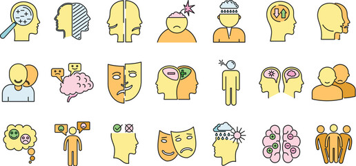 Poster - Bipolar disorder disease icons set. Outline set of bipolar disorder disease vector icons thin line color flat on white