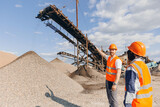 Fototapeta  - Industrial construction site, belt conveyor on open pit mine. Industry team Workers engineers background sand quarry