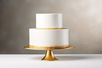 Wall Mural - White wedding cake decorated with gold on a gray background. Simple minimalism.	