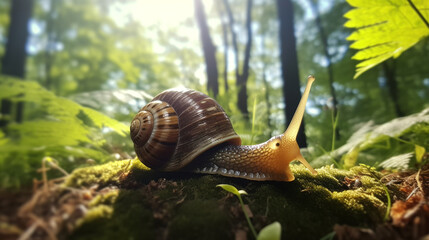 realistic close up photo of snail in a sun dappled forest created with Generative Ai