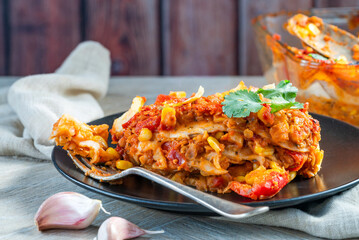 Poster - Vegetarian enchilada bake with smoky lentils and sweetcorn