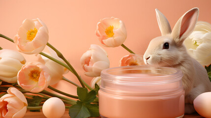 Wall Mural - Spring Easter Bunny with Peach Tulips and Beauty Cream