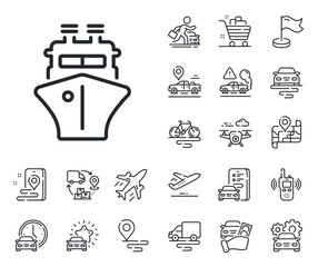 Wall Mural - Watercraft transport sign. Plane, supply chain and place location outline icons. Ship line icon. Shipping symbol. Ship line sign. Taxi transport, rent a bike icon. Travel map. Delivery truck. Vector