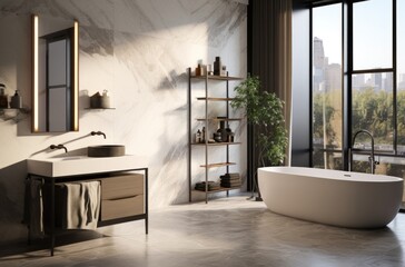 Poster - monochrome bathroom with marble vanities and white sink mixer