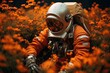 kosmonauta w skafandrze latający po łące po polu w kwiatach kolorowych pachnących