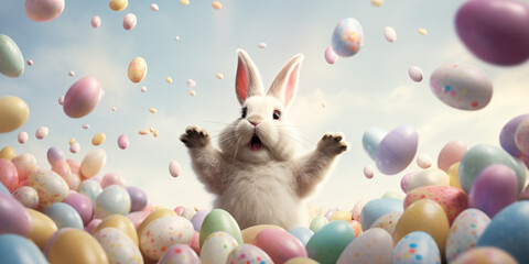 Easter Bunny jumps with excitement, colorful Easter eggs all around him