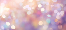 Abstract Blur Bokeh Banner Background. Rainbow Colors, Pastel Purple, Blue, Gold Yellow, White Silver, Pale Pink Bokeh Background