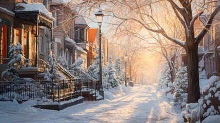 Sticker - A painting depicting a snowy street in a city. Perfect for winter-themed designs and holiday promotions