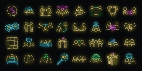 Sticker - Collaboration icons set. Outline set of collaboration vector icons neon color on black