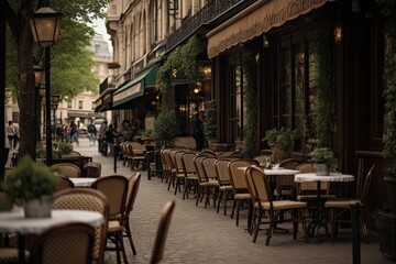 Wall Mural - A charming European street with a restaurant terrace, old buildings, and outdoor seating.