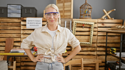 Canvas Print - Vibrant, young blonde woman carpenter, beaming with professionalism, ensuring safety with security glasses at her carpentry workshop.