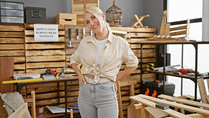 Wall Mural - Vibrant young blonde female carpenter, smiling brightly and confidently, standing in her carpentry workshop, proud of her profession in the woodworking business