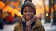 A Young Boy Is Wearing A Hat And Scarf. This Image Can Be Used For Winter-themed Designs Or To Depict A Child Bundled Up For Cold Weather