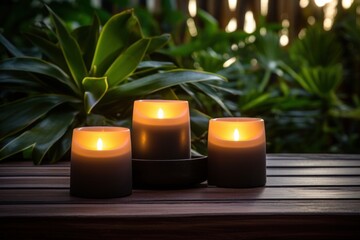 Wall Mural - three candles arranged on top of a wooden surface