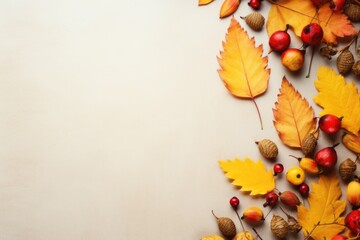 Canvas Print - A group of autumn leaves and acorns arranged on a table. Perfect for autumn-themed designs and seasonal projects