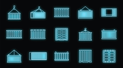 Wall Mural - Cargo container storage icons set. Outline set of cargo container storage vector icons neon color on black