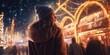 A woman standing in front of a bustling Christmas market. Perfect for holiday-themed designs and promotions
