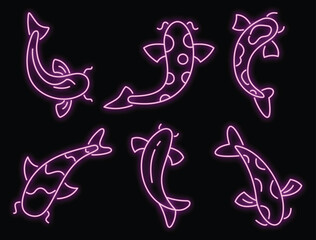 Wall Mural - Koi carp icons set. Outline set of koi carp vector icons neon color on black