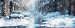 Snow blankets the city, transforming streets into a winter wonderland. Cars lay buried under heaps of snow, harshness of a deep freeze.Snowfall covers parked vehicle. Panorama with copy space.